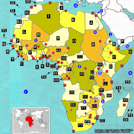 topografie blinde kaart Afrika (alle 54 landen en de zeen)