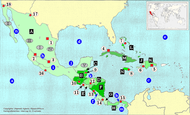 topografie blinde kaart Midden-Amerika (Centraal Amerika): Mexico, Cuba, Caraben, Jamaica, Bahama's, Hati