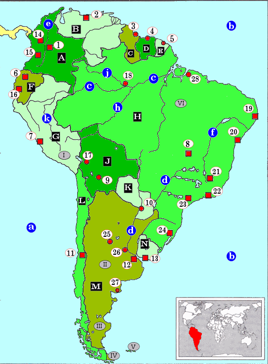 topografie blinde landkaart Zuid-Amerika mix: Colombia, Venezuela, Guyana, Suriname, Frans Guyana, Ecuador, Peru, Brazili, Bolivia, Paraguay, Chili, Argentini, Uruguay