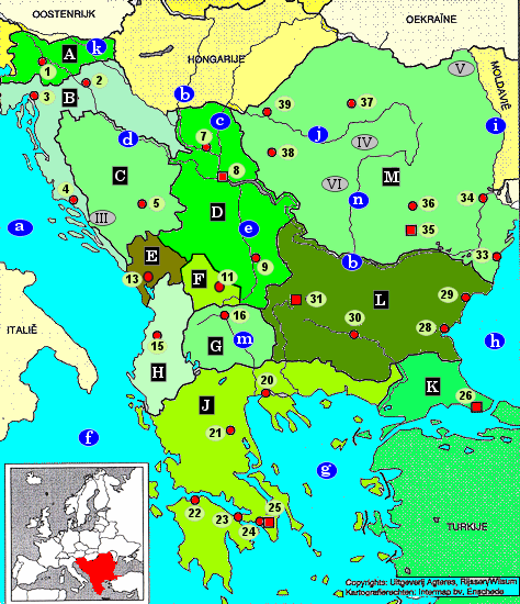 topografie blinde topo kaart Balkan (topografie Kroätie, Bosnië-Herzegovina, Servië, Montenegro, Kosovo, voormalig Joegoslavië, Macedonië, Griekenland, Bulgarije, Roemenië, Turkije)