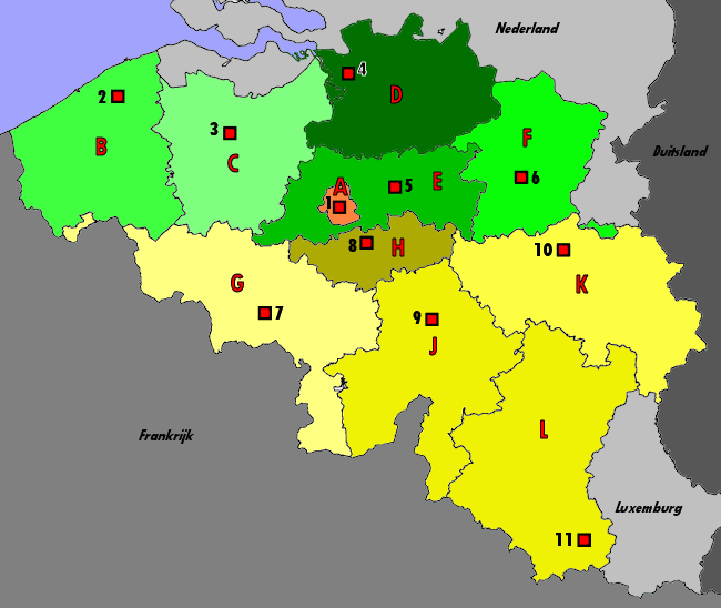 topografie blinde kaart België (provincies, gewesten en hoofdsteden)