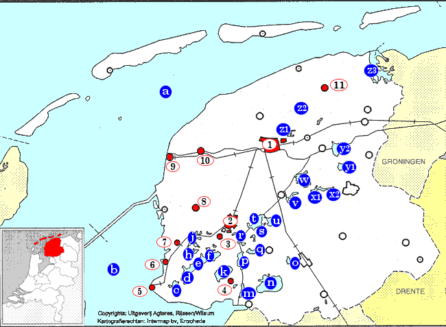 topografie blinde landkaart provincie Fryslan mei Fryske Alve stêden en marren (Âlvestêdetocht)