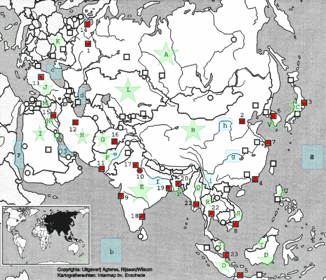 topografie blinde kaart Wereld - Azië (Noord-Azië, Centraal-Azië, Verre Oosten, Oost-Azië, Zuidoost-Azië, Zuid-Azië, Zuidwest-Azië)