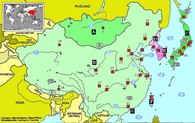 topografie blinde kaart Wereld - Oost-Azië (China, Japan, Noord-Korea, Zuid-Korea, Hongkong, Taiwan).