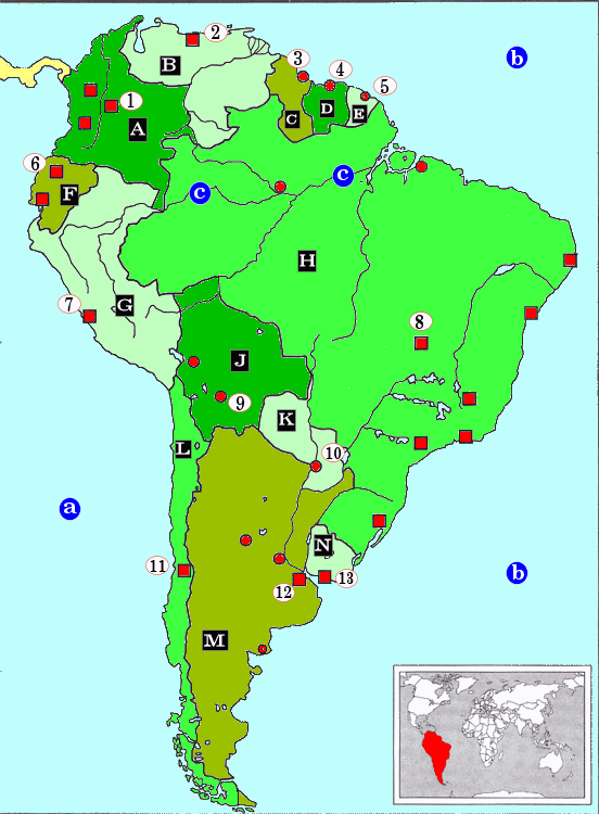 topografie blinde landkaart Zuid-Amerika: Colombia, Venezuela, Guyana, Suriname, Frans Guyana, Ecuador, Peru, Brazilië, Bolivia, Paraguay, Chili, Argentinië, Uruguay